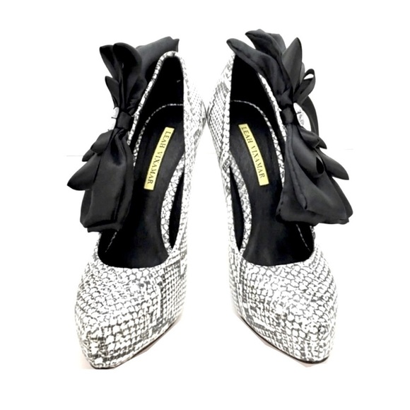 Leah Vixamar Snakeskin Print with Bow Details Platform Pumps Heel - Picture 4 of 7